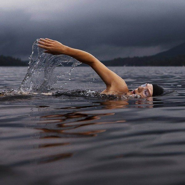 Auf dem Bild krault eine Schwimmerin durch einen See. Schwimmen gilt als eine von Sportart, welche die Gelenke schont.