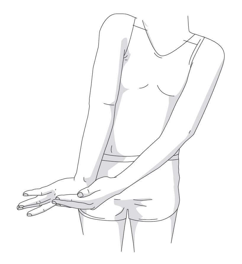 Illustration der Unterarmübung "Dehnung der Streckermuskeln". Mit dieser speziellen Dehnübung erreicht man die Muskeln, die am äußeren Ellenbogen ansetzen. Sie sind meist der Auslöser bei Tennisarmbeschwerden.