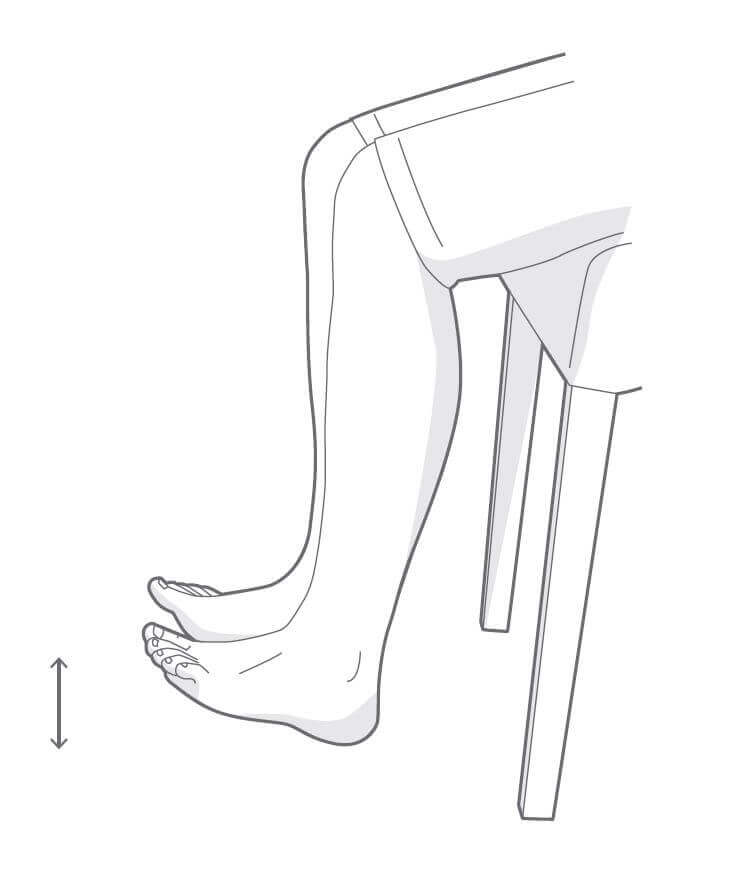 Darstellung der Sprunggelenk-Übung "Schaukeln". Man setzt sich aufrecht auf einen Hocker und stellt die Füße so auf den Boden, dass sich die Sprunggelenke in einer senkrechten Achse unter den Knien befinden.