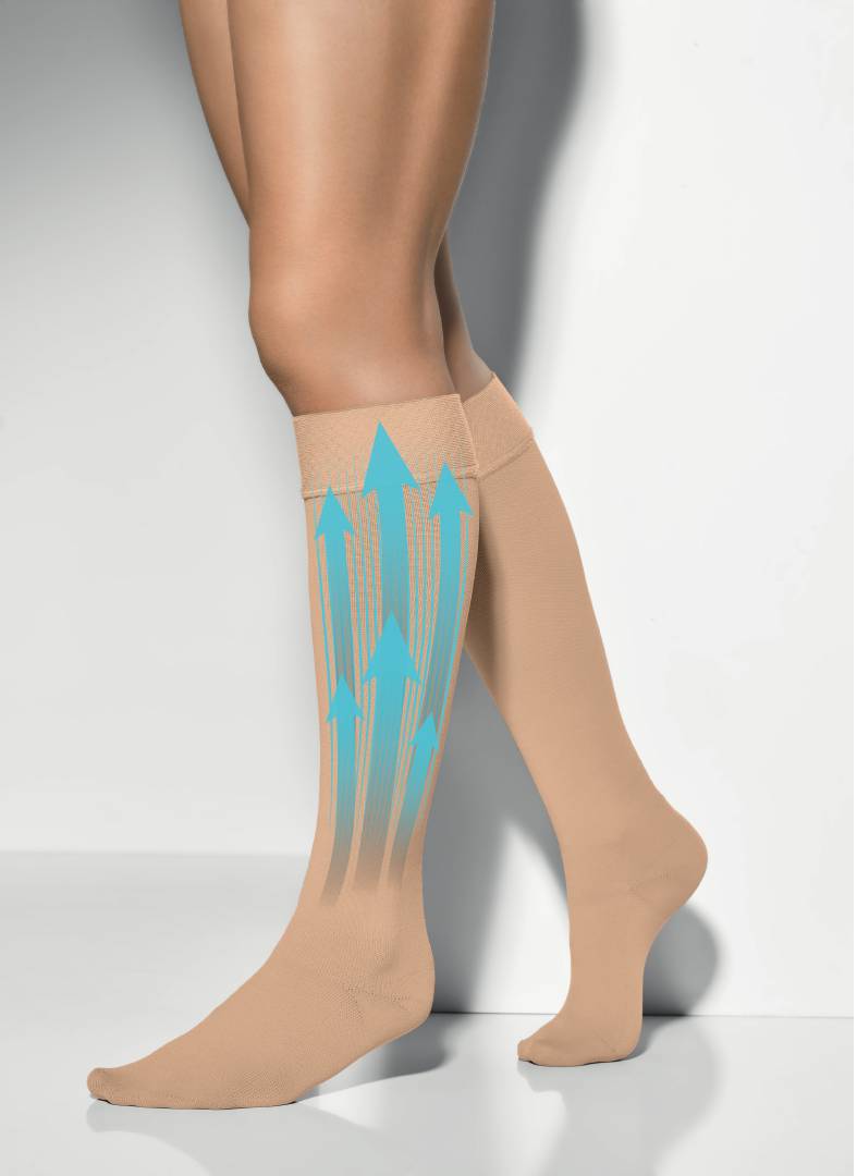 Grafische Darstelung des VenoTrain angioflow von Bauerfeind. Dies ist ein Spezialstrumpf zur Therapie von chronischer Veneninsuffizienz (CVI) bei gleichzeitig beginnender peripherer arterieller Verschlusskrankheit (pAVK).
