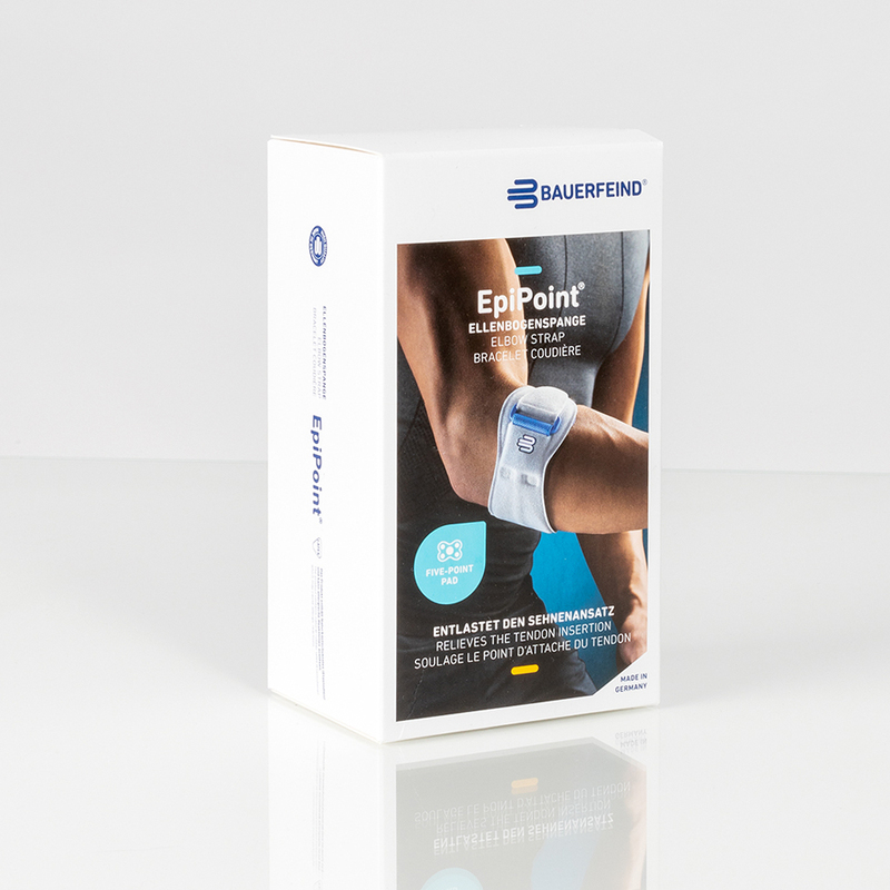 Productverpakking van Bauerfeind EpiPoint elleboogband voor gerichte elleboogondersteuning.