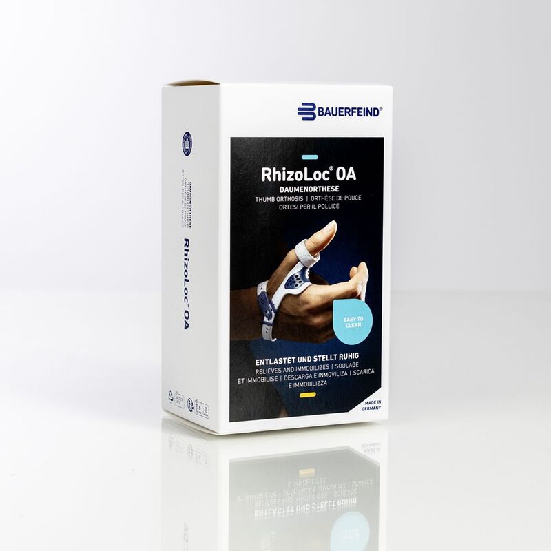 Productverpakking van Bauerfeind RhizoLoc OA artrose duimbrace.