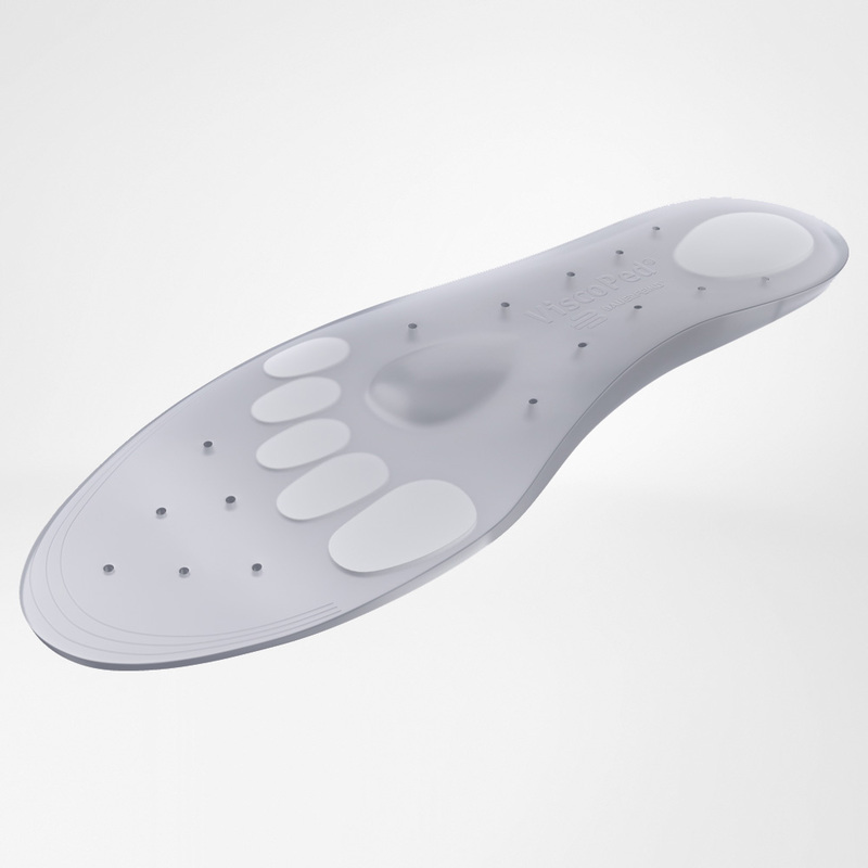 Schuin aanzicht van Bauerfeind ViscoPed gel-inlegzolen voor comfort en drukverdeling.