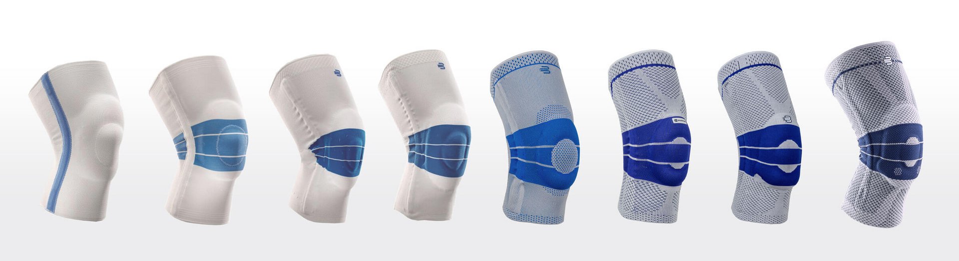 Productafbeelding van de GenuTrain kniebandage uit de serie 1980-2019 van Bauerfeind, zijaanzicht van de bandage, grijze gebreide body, uitstekende vulling of drukzone boven de knieschijf.