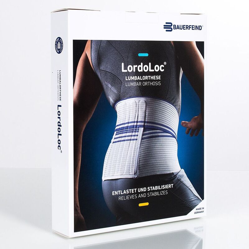 Productverpakking van Bauerfeind LordoLoc rugbrace voor lumbale ondersteuning.