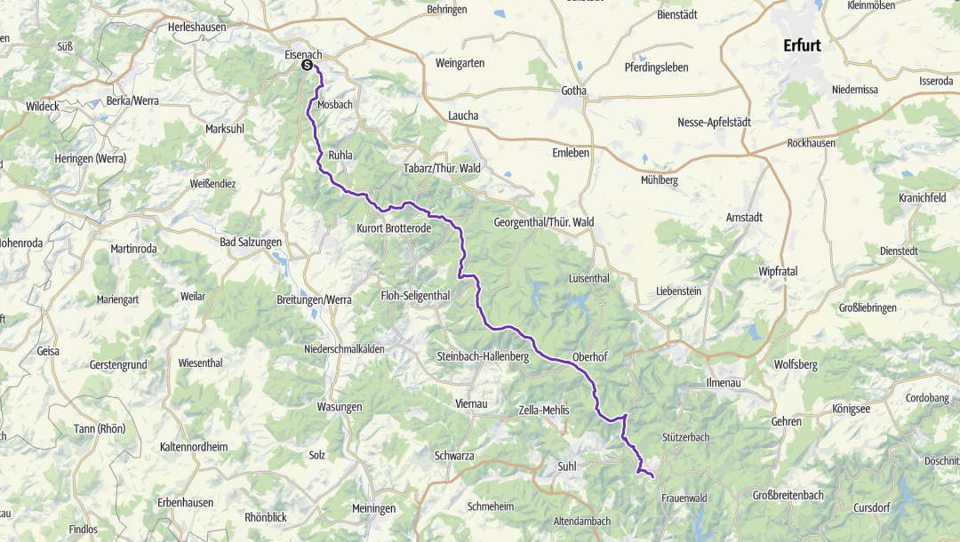 Sketch van de route van de Rennsteiglauf