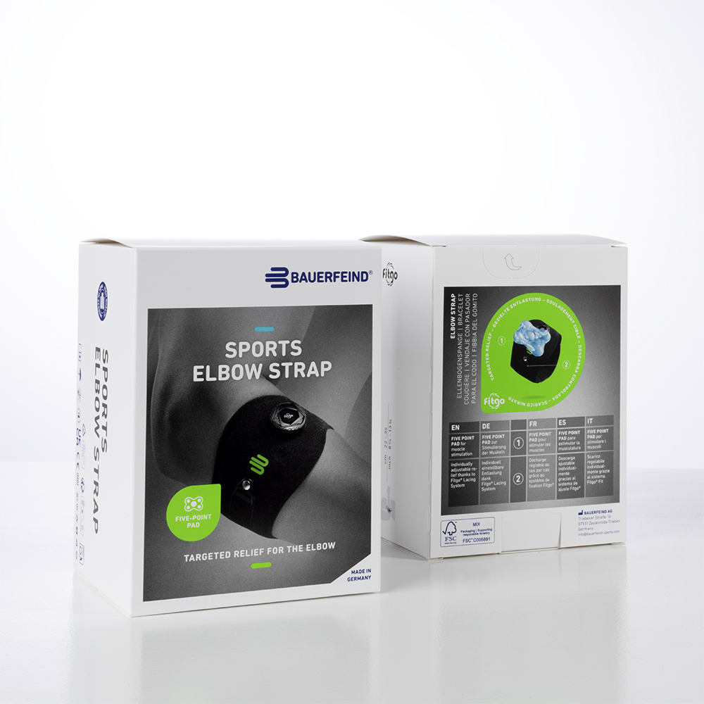 Verpakkingsafbeelding van sport elleboogriem met een zwart productafbeelding