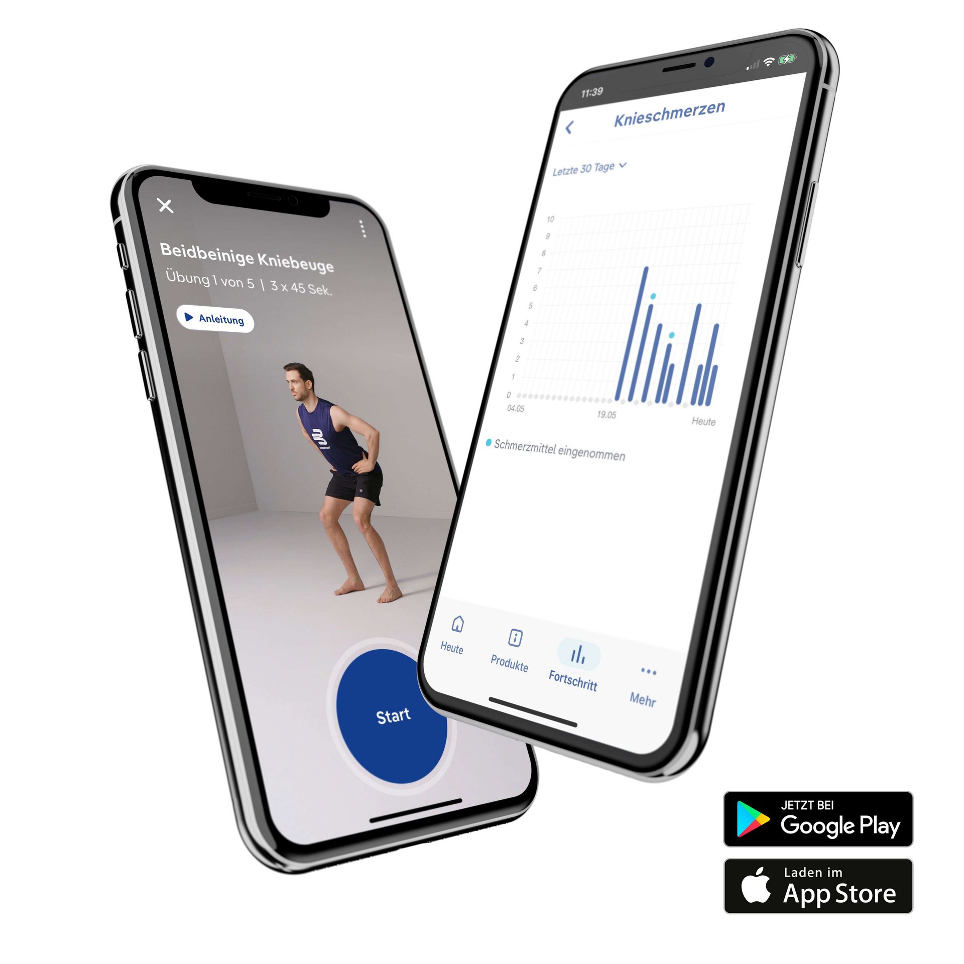Afgebeeld zijn twee smartphones waarop de Bauerfeind Therapie-app geopend is. De Bauerfeind Therapie-app is een gratis app die oefeningen tegen pijn aanbiedt.