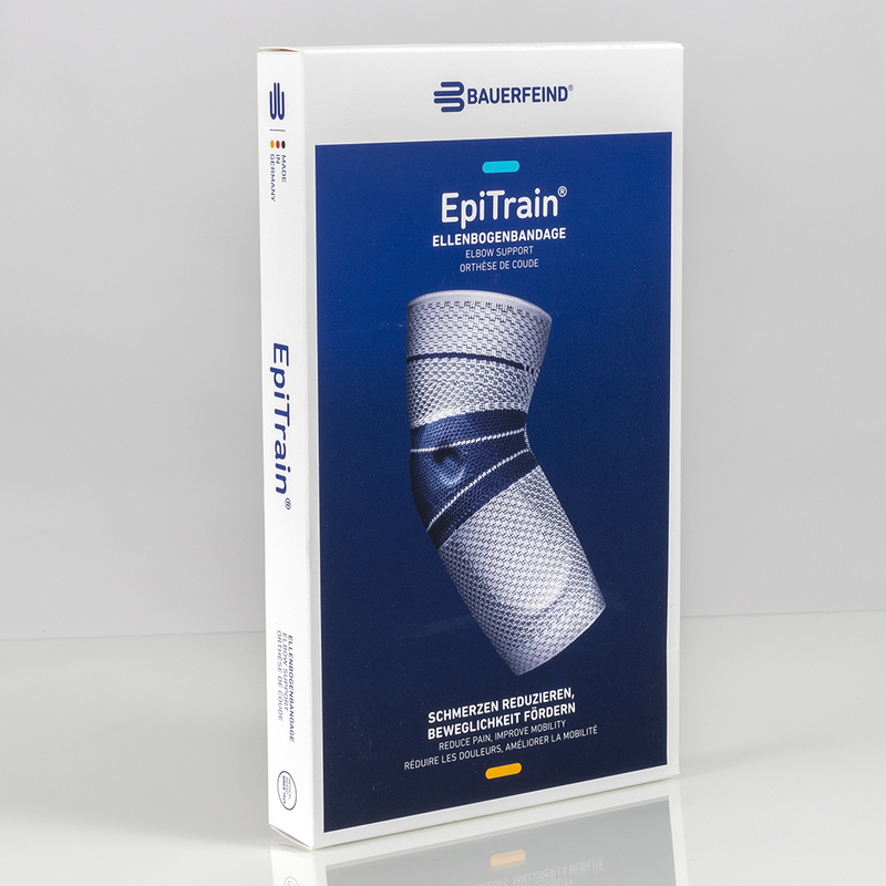 Productverpakking van Bauerfeind EpiTrain elleboogbrace voor actieve elleboogondersteuning.