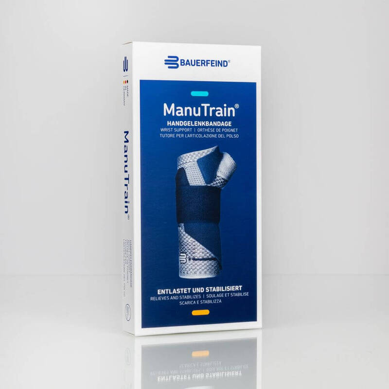 Productverpakking van Bauerfeind ManuTrain polsbrace voor actieve polsondersteuning.