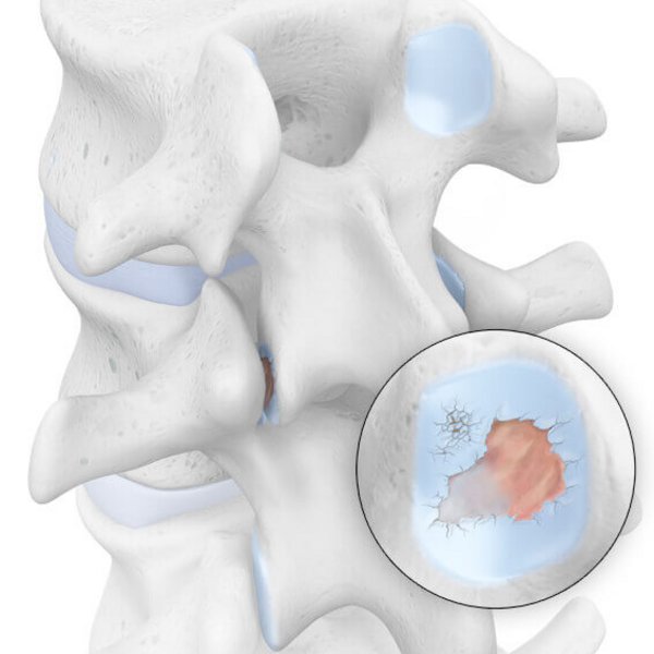 Illustratie van de anatomie bij spondylartrose: aan de randen van de wervellichamen ontstaan benige doorns (spondylofyten), die nieuwe benige verbindingen kunnen vormen en de wervelkolom laten verstijven.