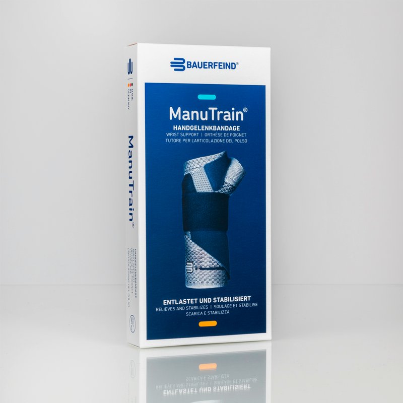 Productverpakking van Bauerfeind ManuTrain polsbrace voor actieve polsondersteuning.