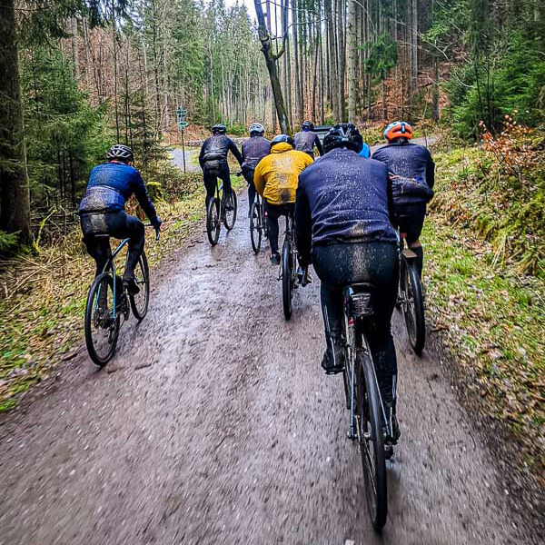 Een groep fietsers rijdt over een modderig bospad, omgeven door hoge naaldbomen. De fietsers zijn van achteren te zien en dragen weerbestendige kleding en helmen.