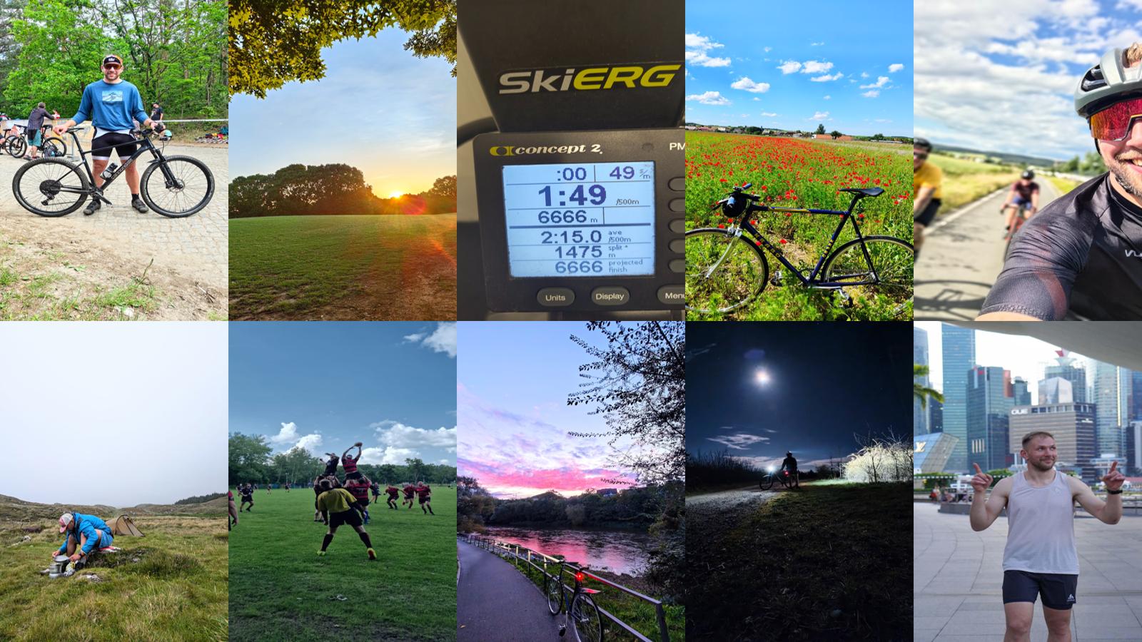 Een collage van twaalf foto's die verschillende sportactiviteiten tonen, waaronder fietsen in de nacht, outdoortraining, een zonsopgang boven een veld, een SkiErg-trainingsapparaat, een fiets voor een klaprozenveld.