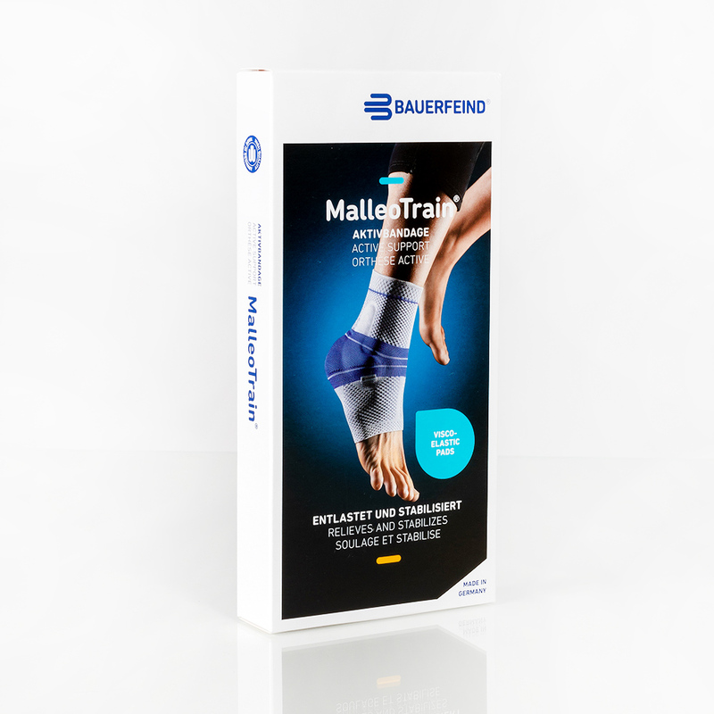 Productverpakking van Bauerfeind MalleoTrain enkelbrace met afbeelding van de brace.