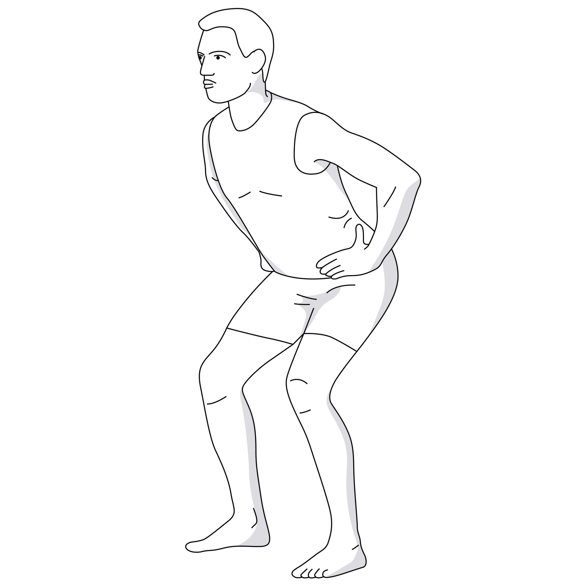 Illustratie van de knie-oefening "kniebuiging op beide benen". Bij de kniebuiging op beide benen worden de achterste en voorste spierketens tegelijk versterkt. Dat geeft je benen meer stabiliteit.
