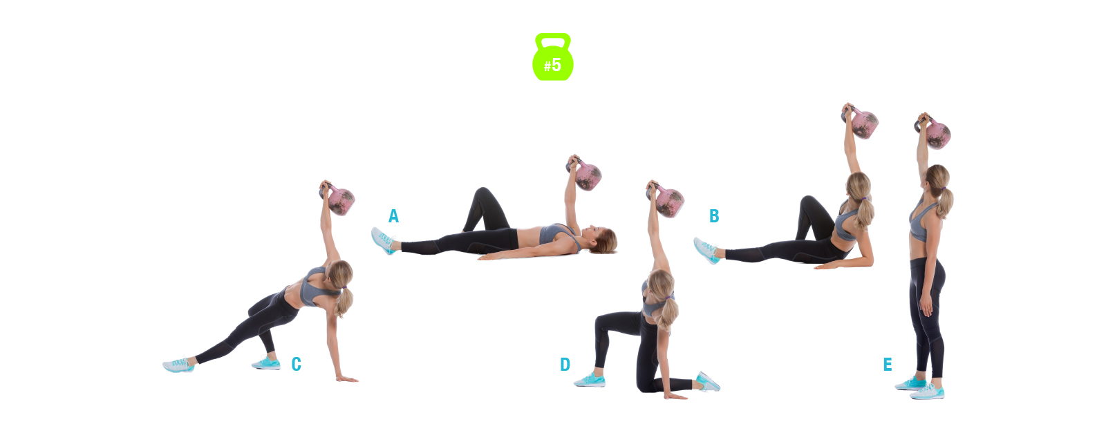 Vrouw toont de Turkse die in 5 stappen met de kettlebell opkomt