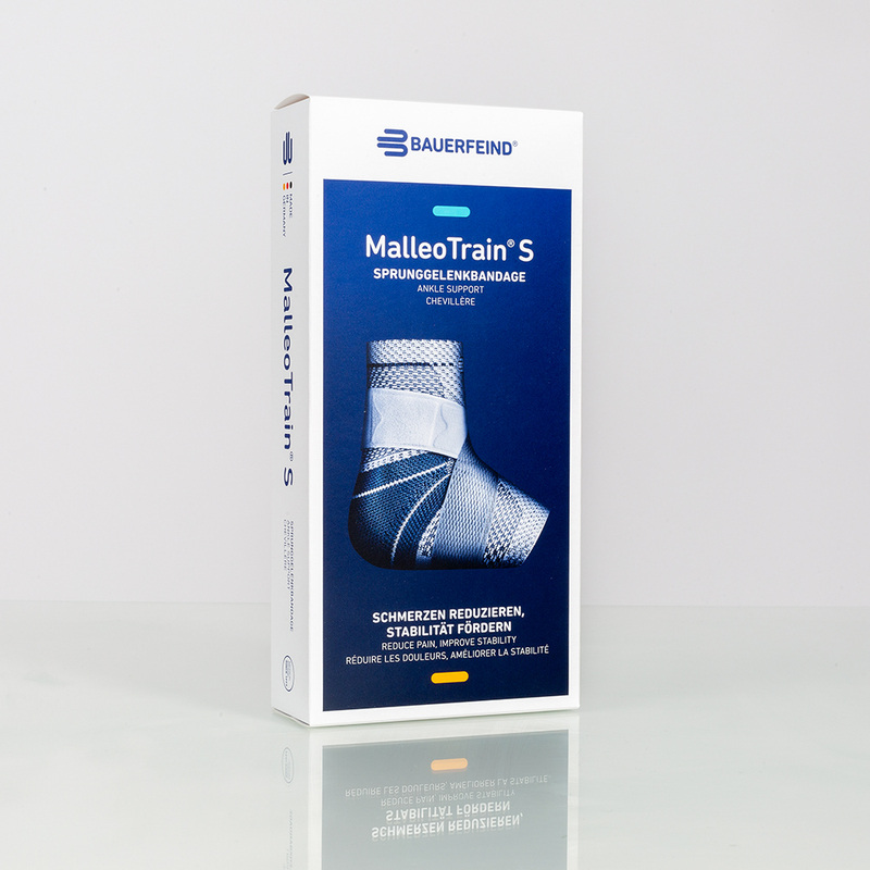 Verpakking van Bauerfeind MalleoTrain S enkelbrace voor pijnverlichting en stabiliteit.