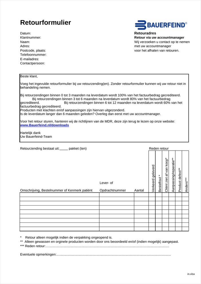 Retourformulier België - Nederlandstalig