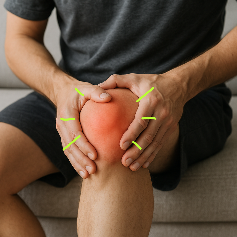 Een persoon zit op een bank en houdt met beide handen de knie vast. Het kniegewricht is visueel rood gemarkeerd om belasting of klachten aan de knie te tonen.