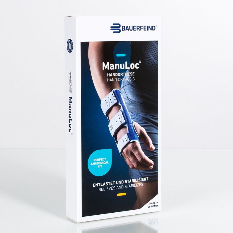 Productverpakking van Bauerfeind ManuLoc polsspalk voor polsondersteuning.