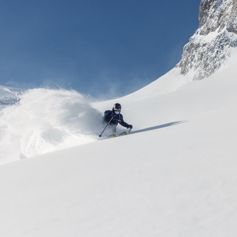 Skiër in poedersneeuw op downhill ski's