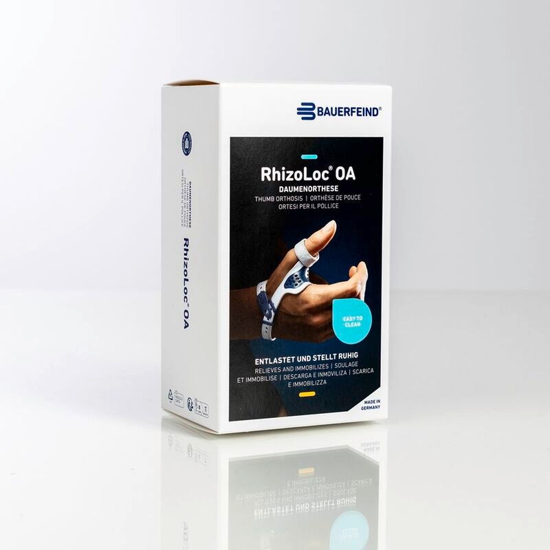 Productverpakking van Bauerfeind RhizoLoc OA artrose duimbrace.