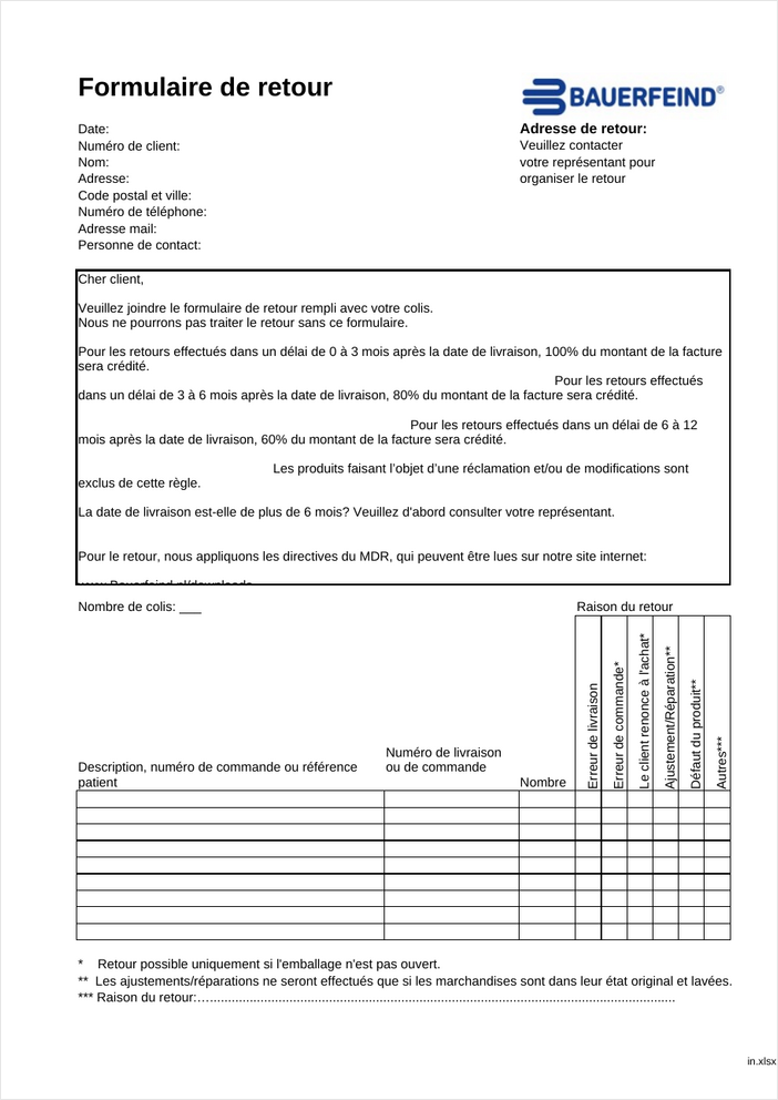 Retourformulier België - Franstalig
